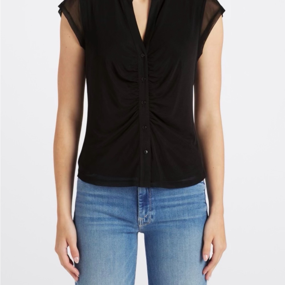 NWT La Serein Black Sheer Button Front Blouse – Ruched Front Sleeveless Sz Small